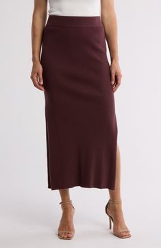 This softly knit skirt is textured with ribbing and rendered in a solid hue for everyday pairing. 50% viscose, 28% polyester, 22% nylon Machine wash, dry flat Imported Knit Skirt Outfit, Classic Slippers, Midi Skirt Outfit, Concert Looks, Knit Midi Skirt, Skirt Midi, Denim Branding, Sweaters And Leggings, Knit Midi