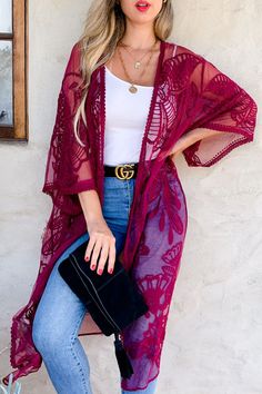 Plum colored Floral Lace Sheer Tie-Front Maxi Kimono Cardigan. Long Fall Cover-up For Day Out, Fall Layering Cover-up, Open Front Cardigan For Beach Cover-up In Fall, One-size Fall Cardigan As Beach Cover-up, Fall V-neck Cardigan For Beach Cover-up, Fall Open Front Cover-up For Day Out, V-neck Outerwear For Beach Cover-up In Fall, Chic Fall Cover-up For Layering, Chic Fall Layering Cover-up