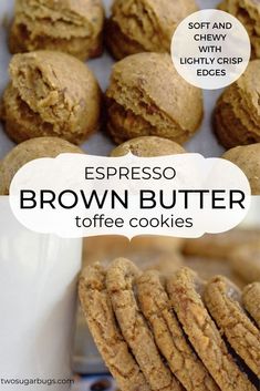 espresso brown butter toffee cookies on a white plate with text overlay