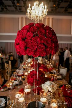 a long table with red flowers and candles on it is set up for a formal dinner