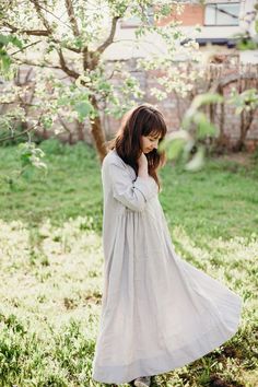 A shaped loose linen dress for all types of figures. Long Sleeve Linen Dress With Floral Embroidery, Embroidered Long Sleeve Linen Dress For Spring, Linen Loose Dress, Romantic Woman, Clothing Optional, Linen Midi Dress, Eco Friendly Clothing, Dyed Linen, Dress With Long Sleeves