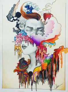 a drawing of a woman's face with colorful paint dripping from the top and bottom