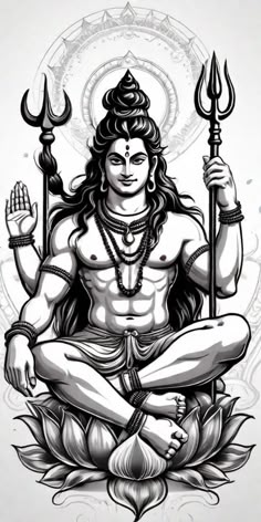 the hindu god sitting in lotus position with his hands crossed and two large spears on each side