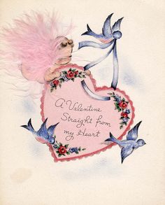 an old fashioned valentine card with a teddy bear and birds