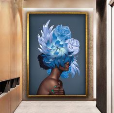 a painting of a woman with blue flowers on her head in front of a mirror