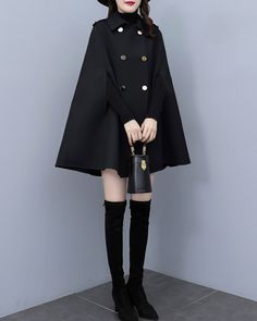 * A cool wool cape coat, very elegant. * With double breasted gold buttons, very beautiful. * If you want black buttons, please let us know, thanks. * Material: out shell - 50% wool, 50% polyester; lining - 100% polyester * Care: dry cleanable * Shop sizing chart FYI ( made according to US sizing. actual body figures, not laying flat clothes measurements) Size XS (US 2, UK 6, German 32, French 34, ) Bust: fits bust around 33.5 inches/85cm Waist: fits waist around 26 inches/66cm Hips: fits hips a Black Double-breasted Wool Coat With Buttons, Elegant Black Outerwear With Gold Buttons, Long Sleeve Cape With Buttons For Fall, Black Long Sleeve Outerwear With Gold Buttons, Winter Cape With Button Closure, Winter Long Sleeve Cape With Buttons, Winter Long Sleeve Button Cape, Elegant Cape-style Outerwear With Buttons, Evening Long Coat With Buttons