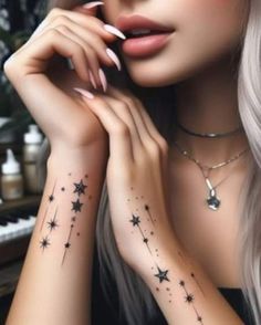 Pisces Aquarius Tattoo, Star Hand Tattoos For Women, Small Dainty Tattoos, Hand And Finger Tattoos, Star Tattoo Designs, Tasteful Tattoos, Hand Tattoos For Women, Tatuaje A Color, Wrist Tattoos For Women