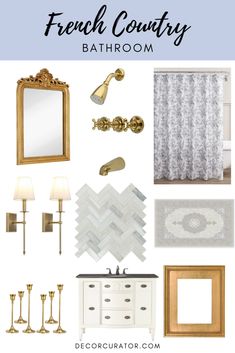 the french country bathroom is shown in gold and white