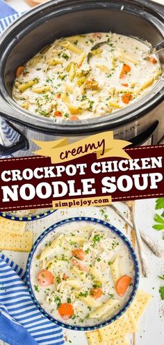 Creamy Crockpot Chicken Noodle Soup, slow cooker meals, chicken recipes, soup recipes, family dinner ideas Slow Cooked Chicken Noodle Soup, Crockpot Chicken And Stars Soup, Slow Cooker Creamy Chicken Noodle Soup Six Sisters, Bland Crockpot Recipes, Simple Chicken Noodle Soup Crock Pot, Crockpot Soup With Frozen Chicken, Best Crock Pot Chicken Noodle Soup, Creamy Chicken Noodle Crockpot, Soups In A Crock Pot Chicken