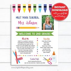 a teacher's welcome card with crayons and pencils on the front