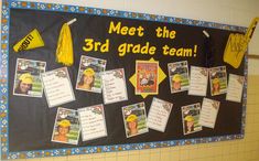 a bulletin board with pictures on it in a school gym area that says meet the 3rd grade team