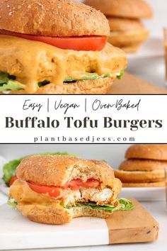 There are 2 pictures showing a vegan tofu buffalo burger. Simple Tofu Recipes, Buffalo Sandwich, Tofu Burgers, Tofu Baked, Vegan Buffalo Sauce, Recipes Tofu, Vegan Buttermilk, Buffalo Tofu, Buffalo Burgers