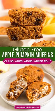 gluten free apple pumpkin muffins on a white plate with text overlay