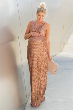 Gold Sequin Sleeveless V Neck Evening Gown Maternity Selfie, Maternity Evening Gowns, Maternity Evening, Maternity Wedding, Sequin Evening Gowns, Baby Talk, Maternity Maxi, Pregnant Mom, Long Maxi Skirts