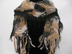 Knitted Freeform Beige and Black Scarf, Black and Beige Knitted Scarf, Handmade Beige Shawl For Fall, Handmade Black Scarves For Fall, Handmade Black Scarf For Fall, Freeform Crochet Scarf, Black Bohemian Silk Scarf, Free Form Crochet Scarf, Bohemian Black Handmade Scarf, Knit Fringe, Black Silk Scarf