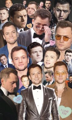 a collage of men in tuxedos and suits with hearts on their chests