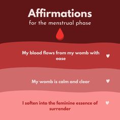 Positive and uplifting affirmations for the menstrual phase. Helpful to support a healthy period. Healthy Periods Vision Board, Affirmations To Get Your Period, Regular Periods Affirmation, Healthy Periods Affirmations, Menstrual Cycle Affirmations, Periods Affirmation, Menstruation Affirmations, Period Witchcraft