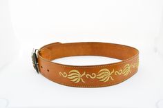 leather belt, vintage belt, size 70, brown leather, brown belt, belt with buckle, flower buckle, embroidered belt, small size belt, women's gift, leather accessories, Brown Leather Belt With Embroidery, Brown Embroidered Leather Belt, Vintage Brown Embroidered Belt, Gold Embroidered Leather Belt, Adjustable Brown Embroidered Belt, Adjustable Embroidered Brown Belt, Wooden Fan, Belt With Buckle, Thread Holder