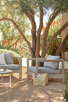 two chairs and a table sitting in front of a tree with a bag on it