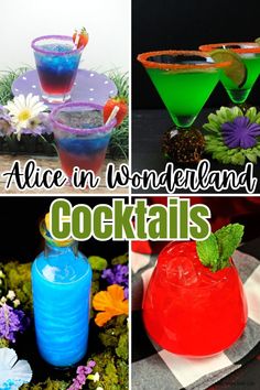 there are four different cocktails in this collage with the words alice in wonderland