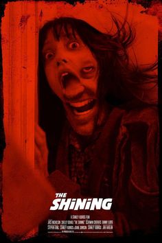 the shining horror movie poster with an evil looking man peeking out from behind a door