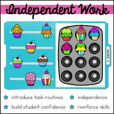 a poster with cupcakes on it and the words independent work written in black