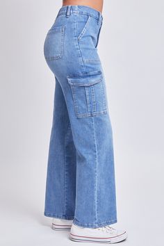 Utilitarian function meets retro design in these super cute Women’s High Rise Straight Leg Cargo Jeans. This stretchy denim jean features vintage-inspired pork chop front pockets, patch back pockets, and flap cargo pockets on either side. Complete with an elastic waistband for a comfortably snatched waist and a straight cut that creates the illusion of longer, leaner legs. Style these cargos with a fitted crop top and sneakers for a trendy streetwear look! Product Details- High-Rise - Zip Fly wi Snatched Waist, Fitted Crop Top, Lean Legs, Ymi Jeans, Trendy Streetwear, Pork Chop, L And Light, Cargo Jeans, Cute Woman