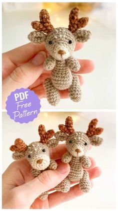 crocheted deer pattern for stuffed animals is shown in two different views, and the bottom photo shows how to make it