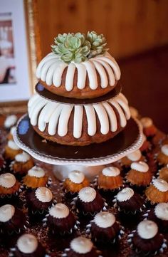 three tiered chocolate cupcakes with white icing and succulents