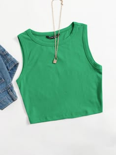 Green Casual   Cotton Plain Tank Embellished Slight Stretch Summer Women Tops, Blouses & Tee Cute Outfits With Shorts, Adrette Outfits, Tank Outfit, Trendy Summer Outfits, Cute Preppy Outfits, Blue Crop Tops, Crop Top Outfits, Cute Crop Tops, Simple Trendy Outfits