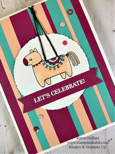 a card with a dog on it that says, let's celebrate and has a ribbon around the neck