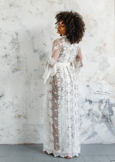 "We have a Size Small 47' Length and a Size 59\" Small Hayden ready to ship  An all over embroidered ivory lace kaftan, with a stunning scallop border all around. See our instagram @bibiluxe for more customer images. * Unlined kimono  * Ivory cotton embroidered tulle lace Other sizes and lengths available here  https://etsy.me/39Lo8Ex SMALL Fits Hips / Bust to up to 38\" FITS UK sizes 6-10 / Euro 34-38 / US 4-8  Actual garment measurements bust / hips 44\" (  when measuring for fit add an extra Long Lace Robe For Wedding Night, Elegant Open Front Kimono For Wedding, Lace Patchwork Gown For Wedding Night, Lace Long Sleeve Gown For Wedding Night, Long Sleeve Lace Gown For Wedding Night, Elegant Lace Bride's Robe, Elegant Lace Bridal Robe, Delicate Lace Robe For Wedding Night, Lace Wedding Night Robe With Lace Sleeves