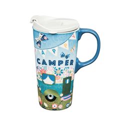 a blue and white coffee cup with the words camper on it