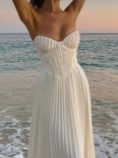 Costal aesthtic wedding by the beach ocean summer #wedding #outfits pleated satin dress Ball Inspiration, Robes Glamour, Beach Holiday Dresses, White Prom Dress, Strapless Maxi, Strapless Maxi Dress, Feminine Aesthetic, Maxi Dress Party, Rehearsal Dinner