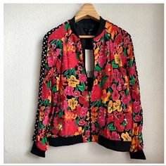 Zara Floral Bomber Jacket Front Zipper Front Pockets Stretch Hem Lined Size Small Hip Length New With Tags Size Small 20” Across Bust 23” Lenght D1 Floral Print Long Sleeve Outerwear For Party, Zara Pink Party Outerwear, Pink Zara Party Outerwear, Spring Party Outerwear With Floral Print, Pink Party Outerwear By Zara, Floral Print Outerwear For Party, Chic Pink Floral Print Outerwear, Floral Print Party Outerwear, Zara Floral Print Outerwear For Fall