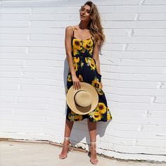 FREE SHIPPING !! Boho Sunflower Daisy Pineapple Party Midi Dresses JKP544 Spaghetti Straps Dress, Straps Dress, Boho Dresses Long, Calf Sleeve, Sleeveless Long Dress, Holiday Beach, Summer Boho, Bohemian Floral, Floral Tunic