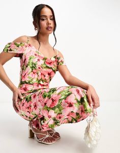 Hope & Ivy cold shoulder satin midaxi dress in pink floral | ASOS Summer Rose Print Midi Floral Dress, Summer Midi Floral Dress With Rose Print, Rose Print Midi Dress For Spring, Feminine Rose Print Midi Dress For Summer, Spring Fitted Cold Shoulder Maxi Dress, Pink Off-shoulder Maxi Dress For Summer, Pink Off-shoulder Sundress Maxi Dress, Pink Rose Print Midi Dress For Summer, Chic Cold Shoulder Maxi Dress For Spring