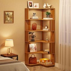 a room with a bed, lamp and bookshelf on the floor in it