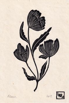 a black and white drawing of two flowers