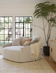 a living room filled with furniture and a large tree in front of two windows that look out onto the yard