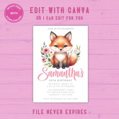 a pink birthday card with an image of a fox on it and the words, edit with