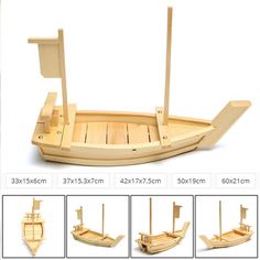 a wooden toy boat with four different views