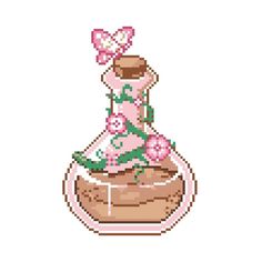 a cross stitch pattern with a pink dress on top of a pot filled with flowers