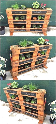 three different pictures of wooden crates with plants in them