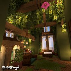 a living room filled with lots of green plants and flowers hanging from the ceiling,