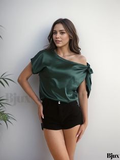 Bjux - Chic and Stylish Cold Shoulder Blouse: Short Sleeve Casual Top for Spring & Summer, Womens Fashion Green Summer Evening Tops, Summer Evening Green Tops, Green Summer Evening Blouse, Solid Color Short Sleeve Party Top, Blouse Short Sleeve, Cold Shoulder Blouse, Casual Blouse, Casual Top, Casual Tops