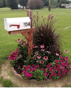 a mailbox sitting in the middle of a flower bed