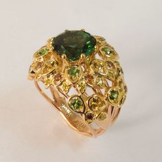 Art Deco Petal Statement Ring - 18K Gold Tourmaline and Diamond Statement ring, leaf ring, flower ring, vintage, halo ring, Large Ring Elegant Green Multi-stone Topaz Ring, Elegant Tourmaline Rings In Yellow Gold, Elegant Yellow Gold Tourmaline Rings, Elegant Green Topaz 14k Gold Ring, Elegant Green Topaz Ring In 14k Gold, Elegant Green Flower Ring For Formal Occasions, Elegant Gold Tourmaline Rings, Vintage Halo Ring, Chrome Tourmaline