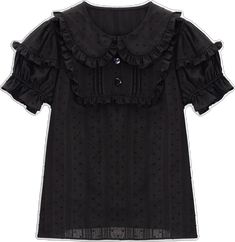 Black Cotton Blouse With Ruffled Collar, Casual Black Blouse With Doll Collar, Cotton Blouse With Ruffles And Doll Collar, Elegant Black Top With Doll Collar, Black Feminine Blouse With Ruffled Collar, Elegant Cotton Top With Doll Collar, Swiss Dot Short Sleeve Blouse, Black Lace Trim Blouse For Daywear, Doll Collar Ruffled Tops For Daywear