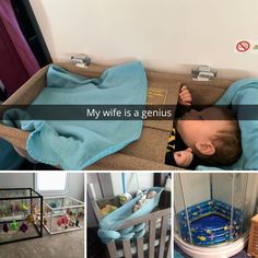 a baby in a crib with the caption my wife is a genius